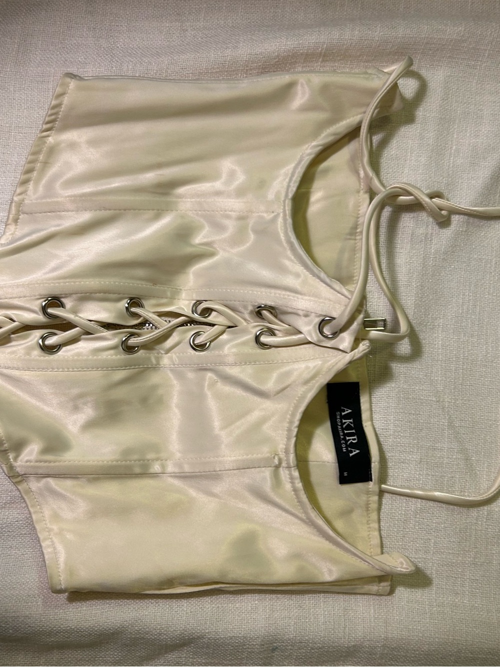 AKIRA Ivory Satin Lace-Up Bandeau Crop Top